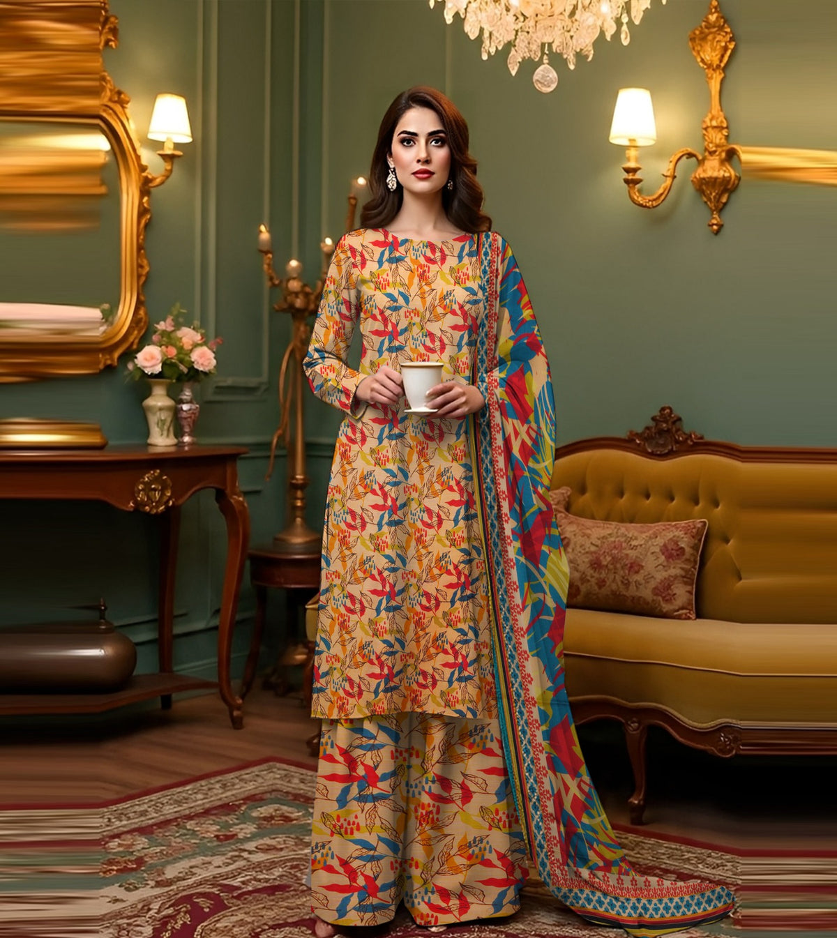 PRINTED KHADDAR WITH WOOL SHAWL 3 PCS SUIT IP-0013