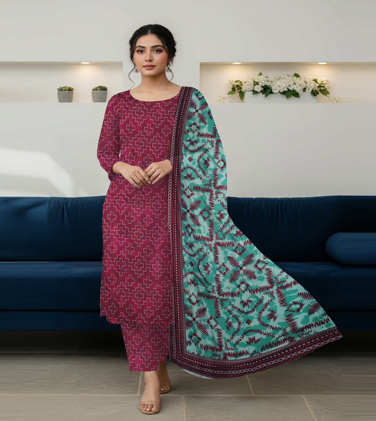 PRINTED KHADDAR WITH WOOL SHAWL 3 PCS SUIT IP-0025