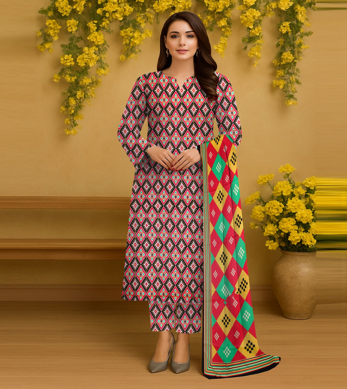 PRINTED KHADDAR WITH WOOL SHAWL 3 PCS SUIT IP-0028