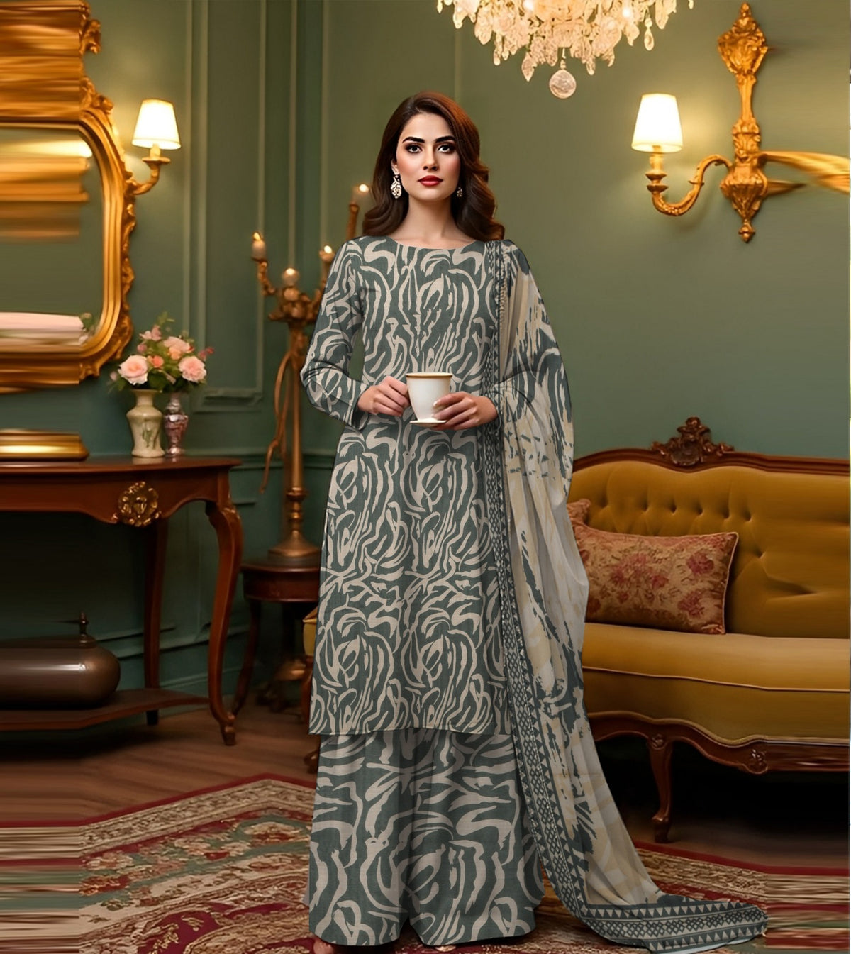PRINTED KHADDAR WITH WOOL SHAWL 3 PCS SUIT IP-0004